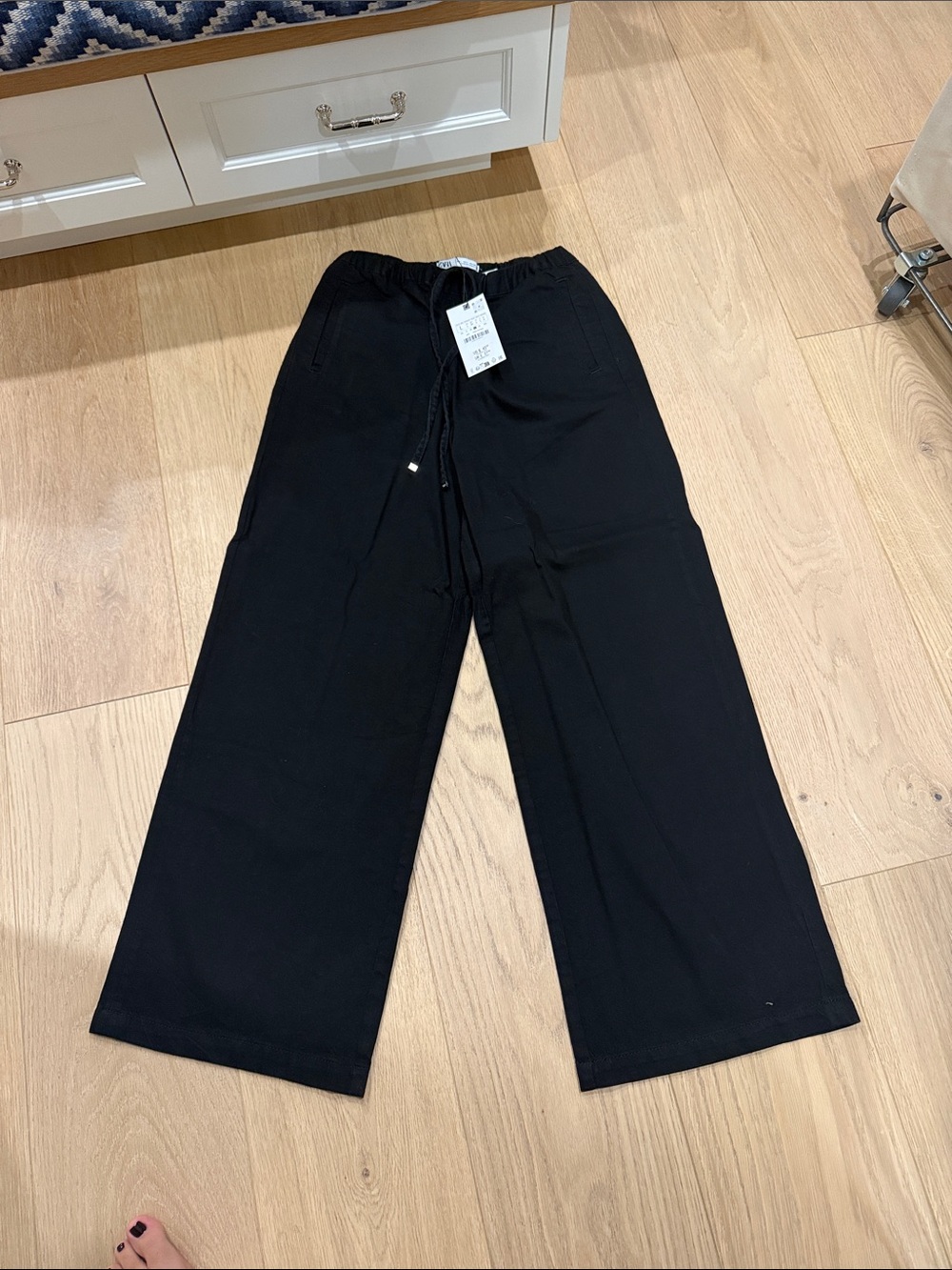 NWTZARA Black Wide-Leg Drawstring cotton pants